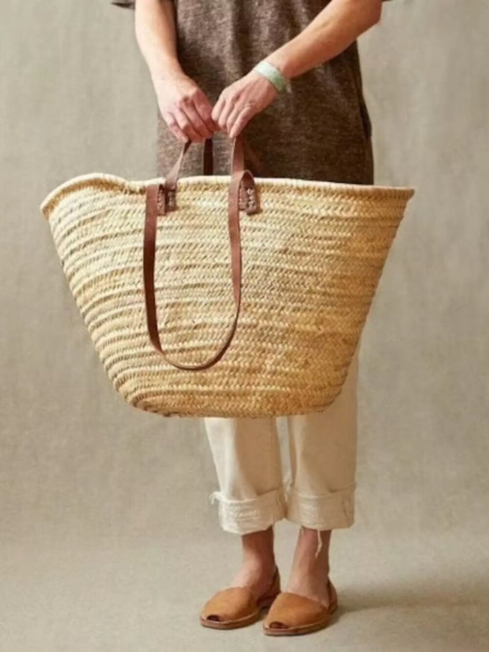 Market Basket Straw Bag Handmade with Leather, French Market NWT - Picture 2 of 4